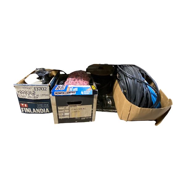 Mixed Lot of Cables, Wire Spools, Power Strips & Assorted Electronics