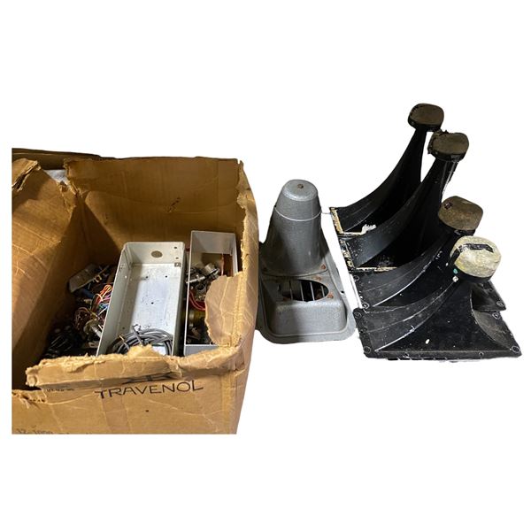 Vintage Cast Aluminum Motor Housing, Large Speaker Horn & Box of Assorted Electronic Components and 