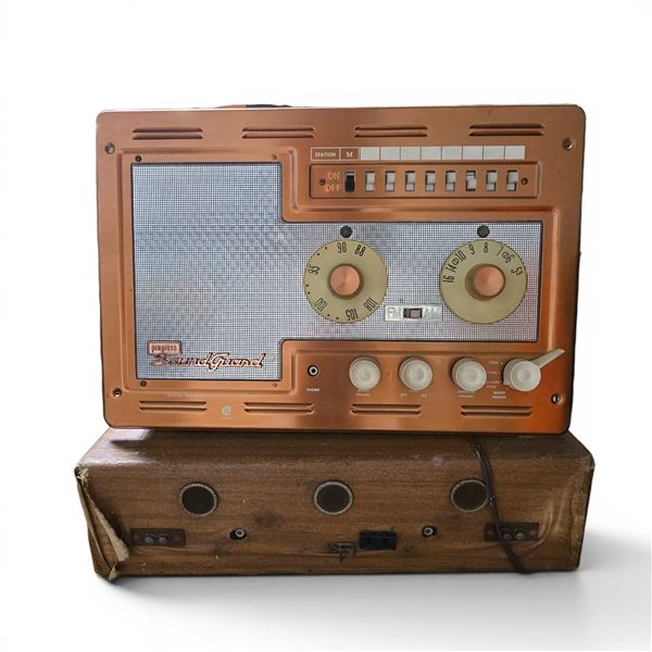 Vintage Copper-Tone Tabletop Tube Radio with Homemade Wooden Speaker Cabinet