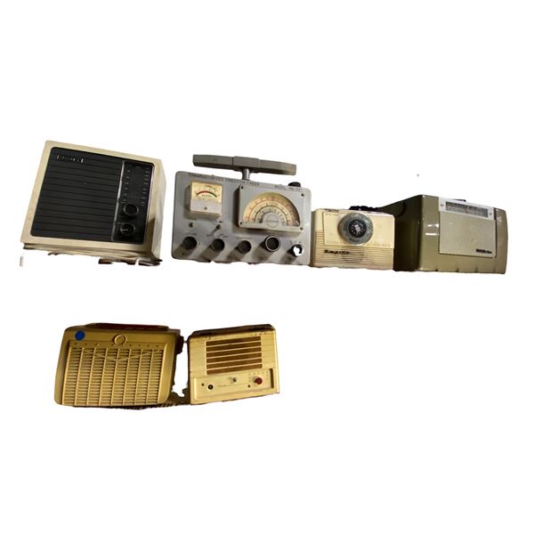 Group of 5: Sanshin RN-381 Transistorized Direction Finder, RCA Victor, Silvertone, Sony, Empire, an
