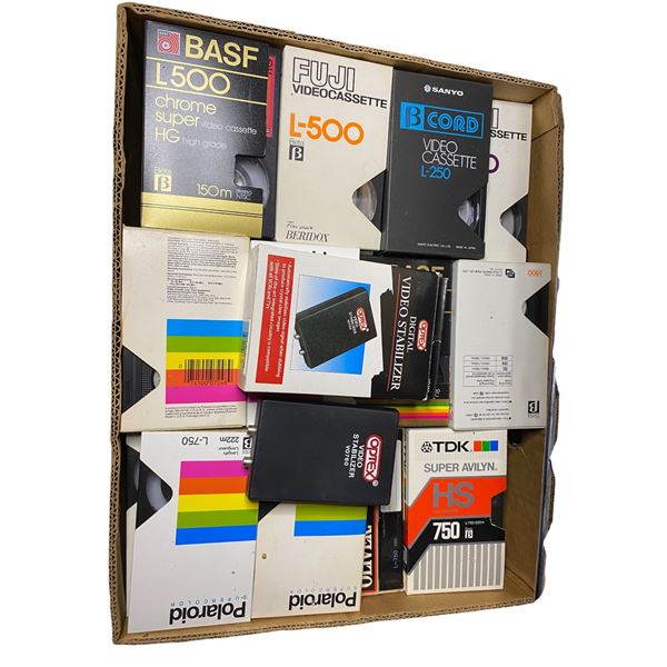 Full Box of Assorted Tapes by Polaroid, BASF, Fuji, Sanyo, and TDK
