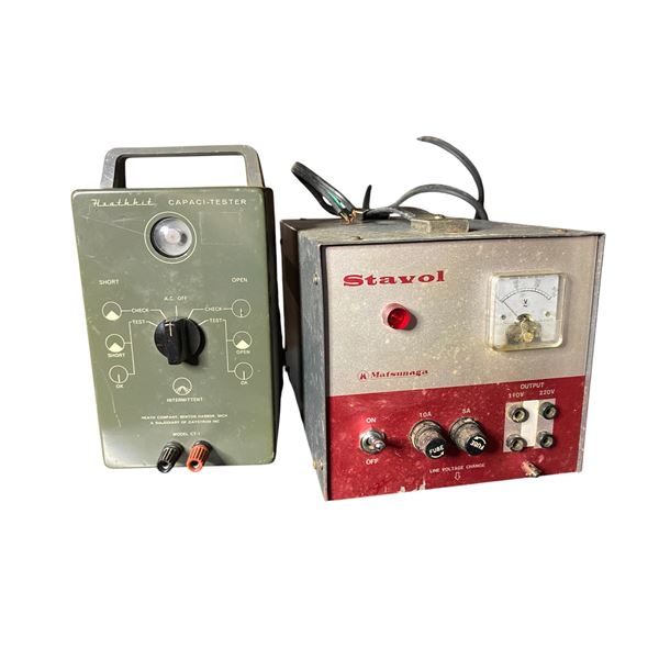 Group of 2: 1950s Heathkit CT-1 Capaci-Tester and 1970s Matsunaga Stavol SVC-1KGX Automatic Voltage 
