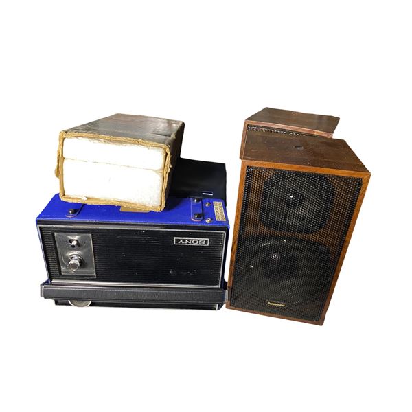 Group Lot: Sony FM Pocket Stereo, Johnson M-190, Trio FM-106, and Parasound Speakers