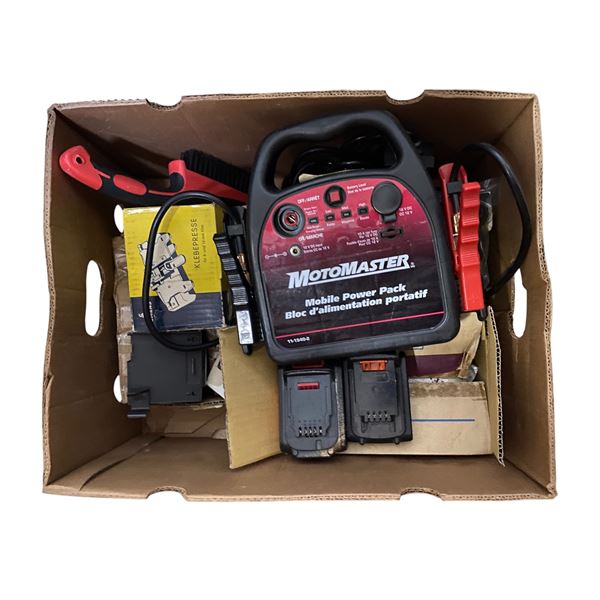 Box of Motomaster Mobile Power Pack, Battery Booster, and Accessories