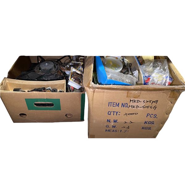 2 Boxes of Electric Fan Motor, Tube Sockets, Hardware, and Electronic Components