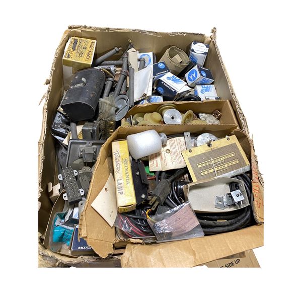 Box of Assorted Electronic Components, Lamps, and More
