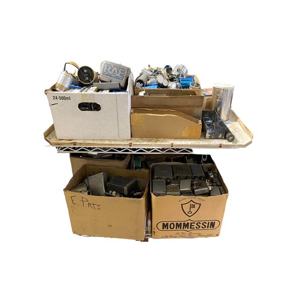 Full Shelf of Vintage High-Voltage Oil-Filled Capacitors, Electronic Parts, and More