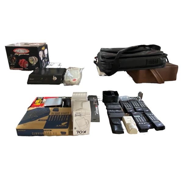 2-Shelf of Vintage Electronic Devices and Car Parts Includes Powermaster, Sony, Ripclip