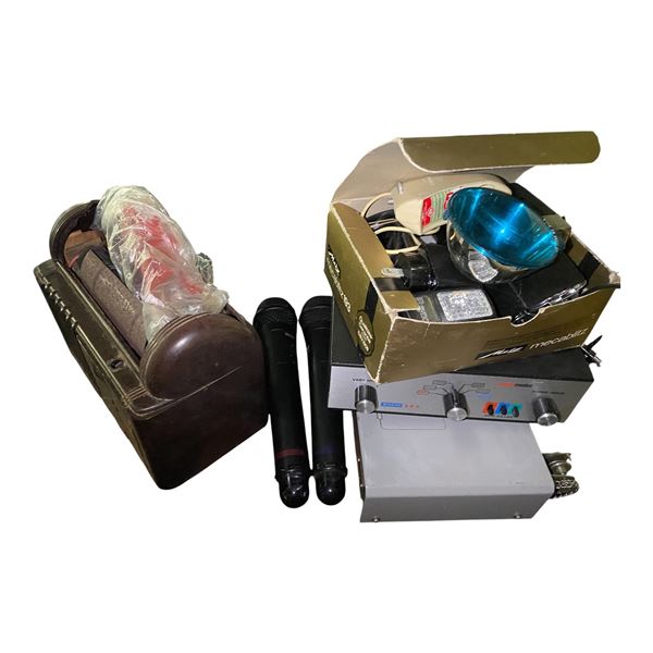 Group of Mecablitz Flash Kit, EICO 200 Audio Mixer, Two Microphones, and More