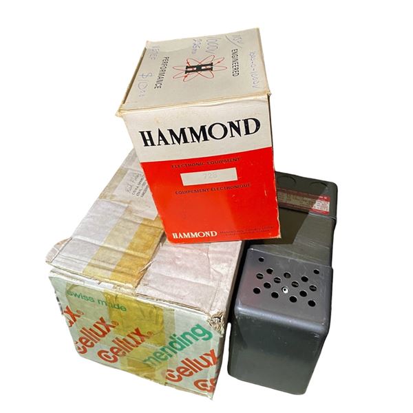Hammond 1000V Transformer, Box full of Electrolytic Tube Radios Can Capacitors & Sola Constant Volta