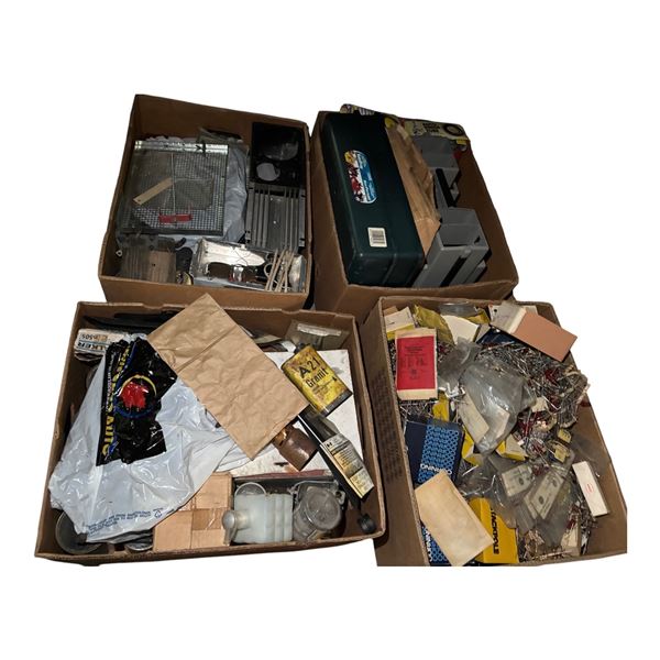 Assortment of Vintage Misc Electronic Components, Wires, and Metal Boxes