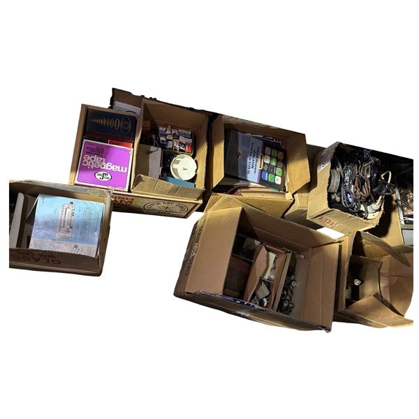 Boxes of Vintage Misc Speakers, Magnetic Tape, Wires, Tubes, and More