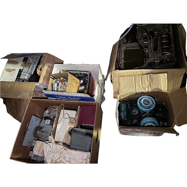 Boxes Lot of Vintage Electronic Equipment, Components, and Wiring