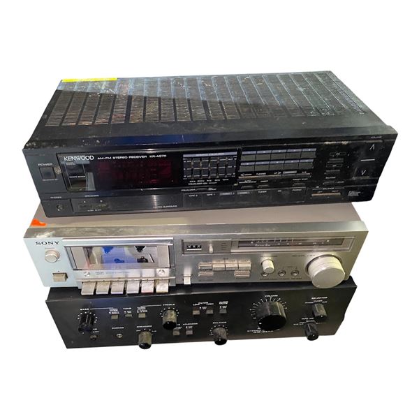 Group of 3 - Kenwood KR-A57R Stereo Receiver, Sony TC-K44 Cassette Deck, and Akai AM-2400 Integrated