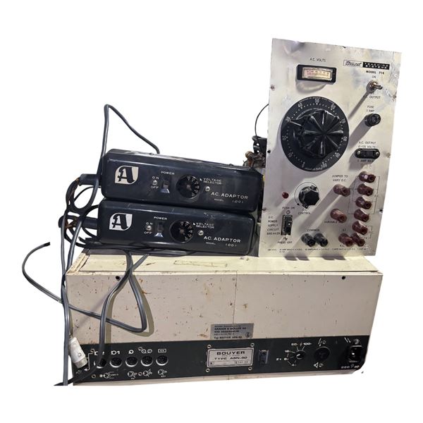 Vintage Electronic Test Equipment Set featuring Dual AC Adaptors stacked on a large Bouyer Power Amp