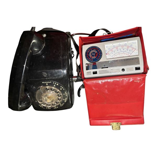Vintage Wall-Mounted Rotary Telephone and Normatest 2000 Test Equipment