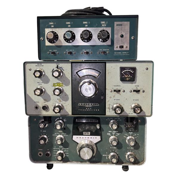 Vintage Harman Kardon Audio Control Unit, Hammarlund Receiver, and Heathkit Transmitter Stack