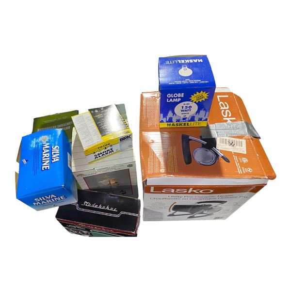 Group of Misc Electronic Items: Lasko Heater, Smoke Alarm Device, Haskelllite Globe Lamp, and More
