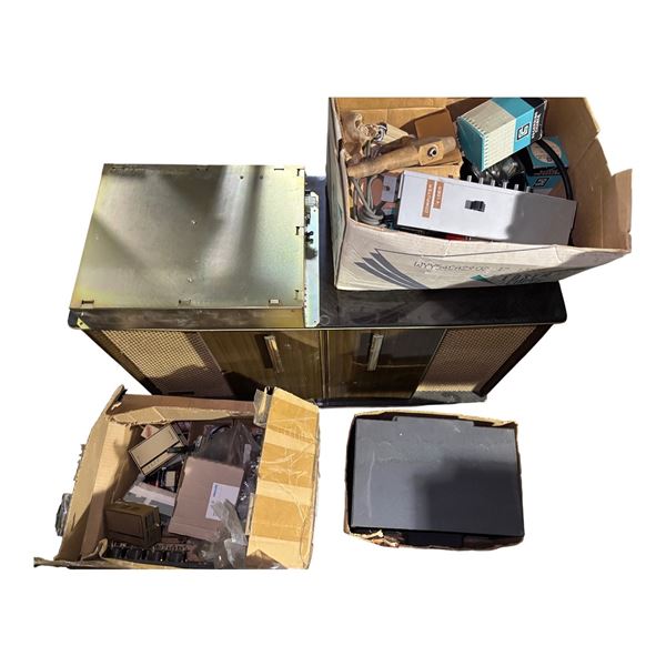 Cabinet and Group of Misc Electronic Components and Devices