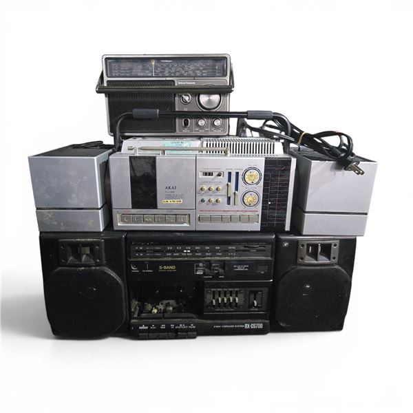 Group of 3: Panasonic RF-1110JB Radio, Akai PJ-33 Boombox, Panasonic RX-CS700 Cassette Recorder