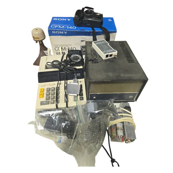 Group of Vintage Electronic Equipment: Swan Power Supply, Sony Cassette Recorder, Canon Calculator, 
