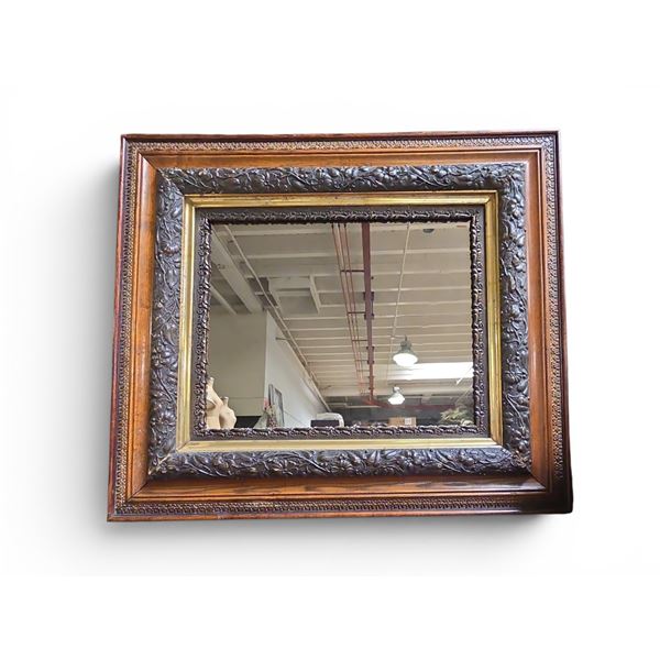 Large Antique Carved Wood & Gilt Mirror - Ornate Floral Relief Fra