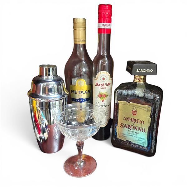 Vintage Barware Lot - Silver Cocktail Shaker, Etched Coupe Glass, Metaxa, Amaretto di Saronno Bottle