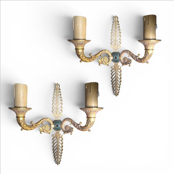 Pair of Ornate Gilt Bronze Wall Sconces â€“ Feathered Fleur-de-Lis Design, Two-Arm