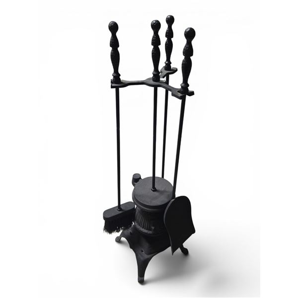 Cast Iron Fireplace Tool Set with Stand - 4-Piece, Ball & Ring Handles