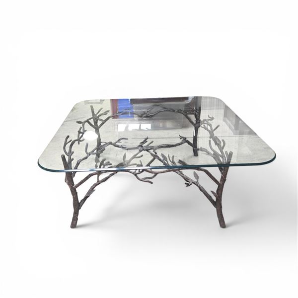 Sculptural Metal Branch-Base Glass Top Coffee Table (39.5x39.5x16)