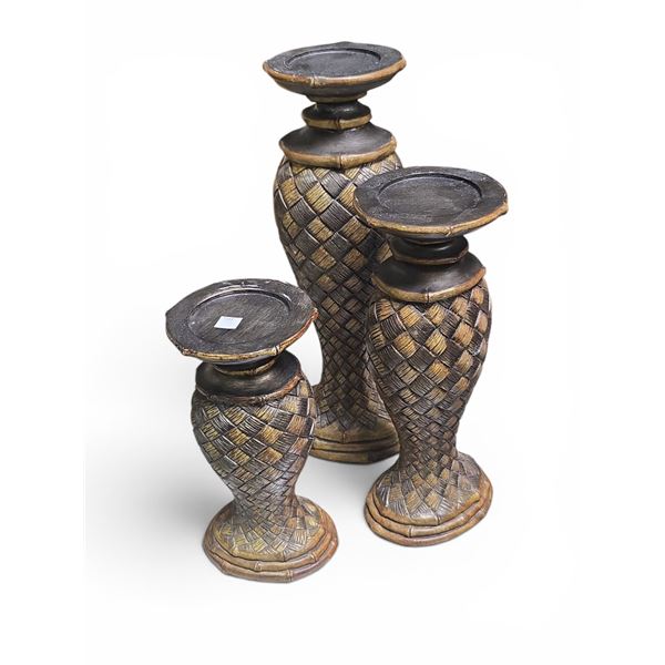 Set of 3 Graduated Basketweave-Carved Candle Pillars (Various Sizes)