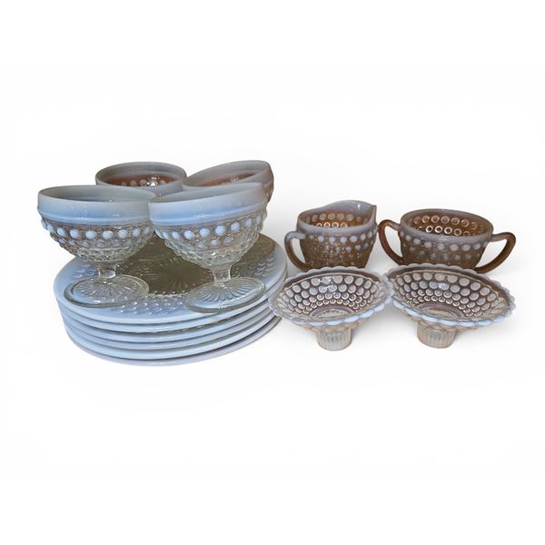 Vintage Hobnail Opalescent Glassware Lot - Footed Sherbets, Cups & Bowls