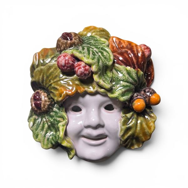 Majolica-Style Wall Pocket, Face with Leaves & Berries