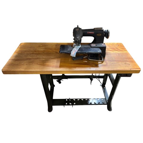 Lewis Industrial Sewing Machine with Wood Sewing Table - G.E. Lomas, Vancouver (47.5x20x30)