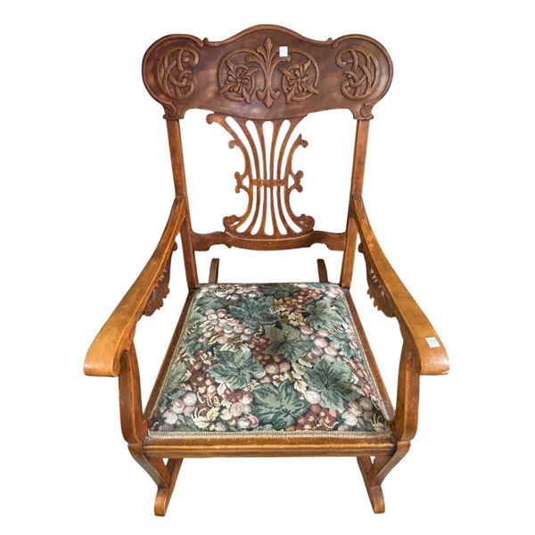 Carved Wood Rocking Chair with Tapestry Seat