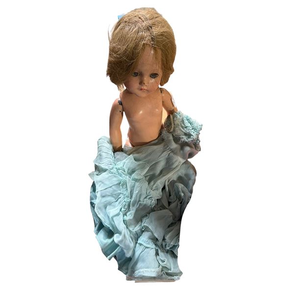 Antique Composition Doll with Mohair Wig, Blue Dress