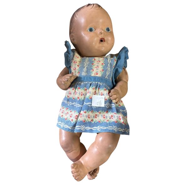 Antique Composition Baby Doll, Painted Eyes, Floral Dress
