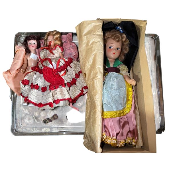Vintage Composition Doll Collection, Original Boxes & Crochet Outfits