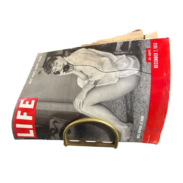 Vintage LIFE Magazine (Dec 1953, Audrey Hepburn Cover) with Antique Newspaper Clippings & Brass Hold