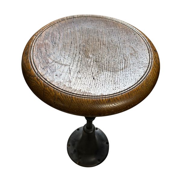 Vintage Wood-Top Swivel Stool, Cast Iron Pedestal Base