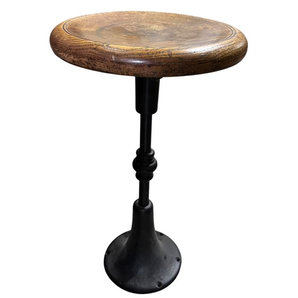 Vintage Wood-Top Swivel Stool, Cast Iron Pedestal Base