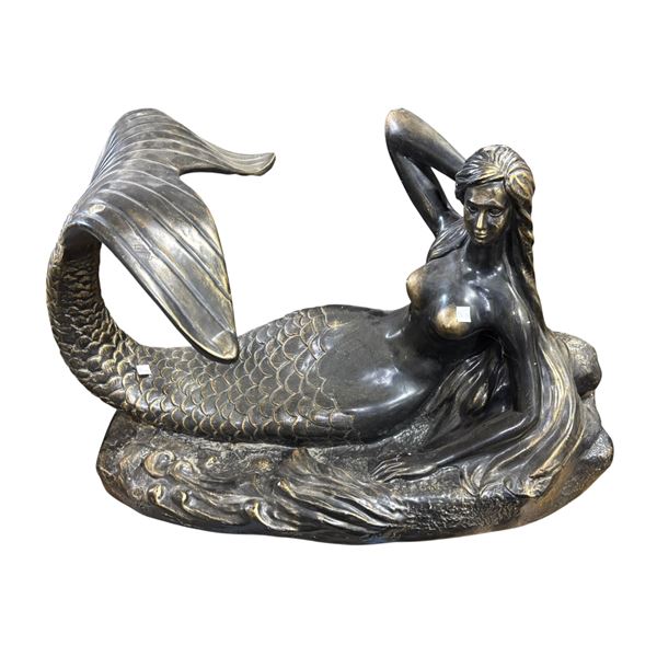 Large Bronze-Finish Mermaid Sculpture with Curled Tail
