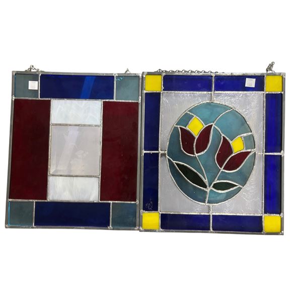 Pair of Leaded/Stained Glass Panels, Geometric & Floral Design