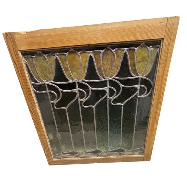 Antique Art Nouveau Stained Glass Window Panel, Wood Frame
