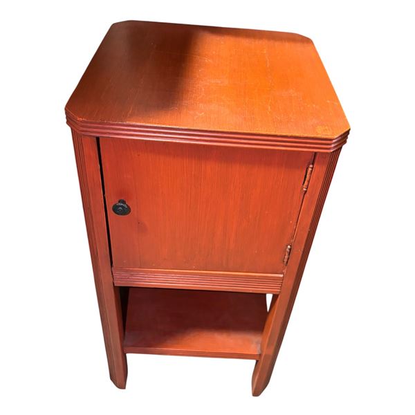 Vintage Painted Wood Cabinet with Damask-Lined Interior, Orange Finish