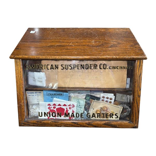 Antique Oak Store Display Case, "American Suspender Co." Notions & Buttons