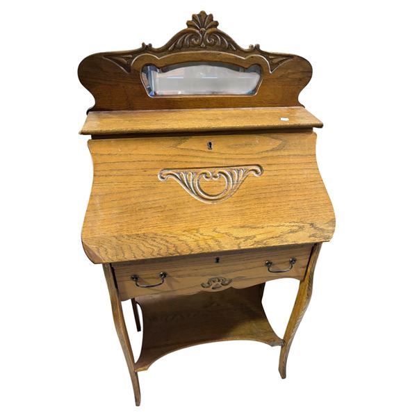 Antique Oak Fall-Front Desk with Carved Mirror Back