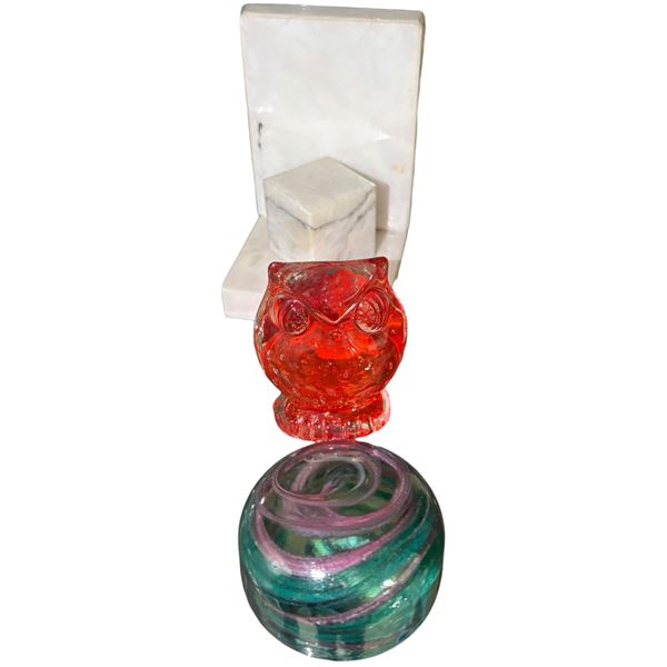 Amberina Glass Owl Figurine & Art Glass Swirl Paperweight