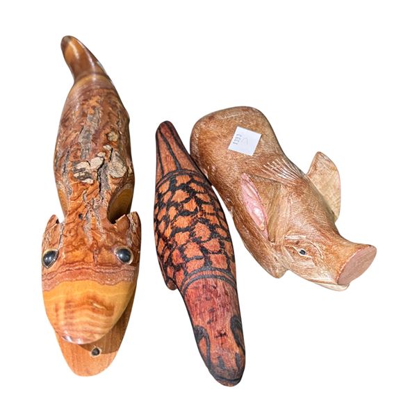 Carved Wood Animal Figurines: Fish, Snake & Rhino