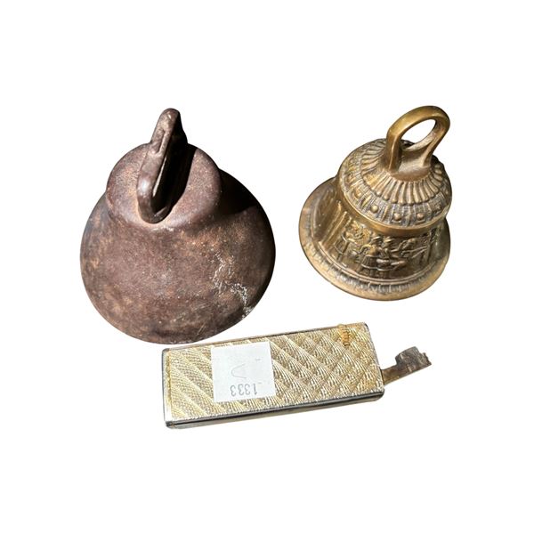 Cast Iron Cow Bell, Brass Village Bell & Vintage Cigarette Lighter (3 pcs)
